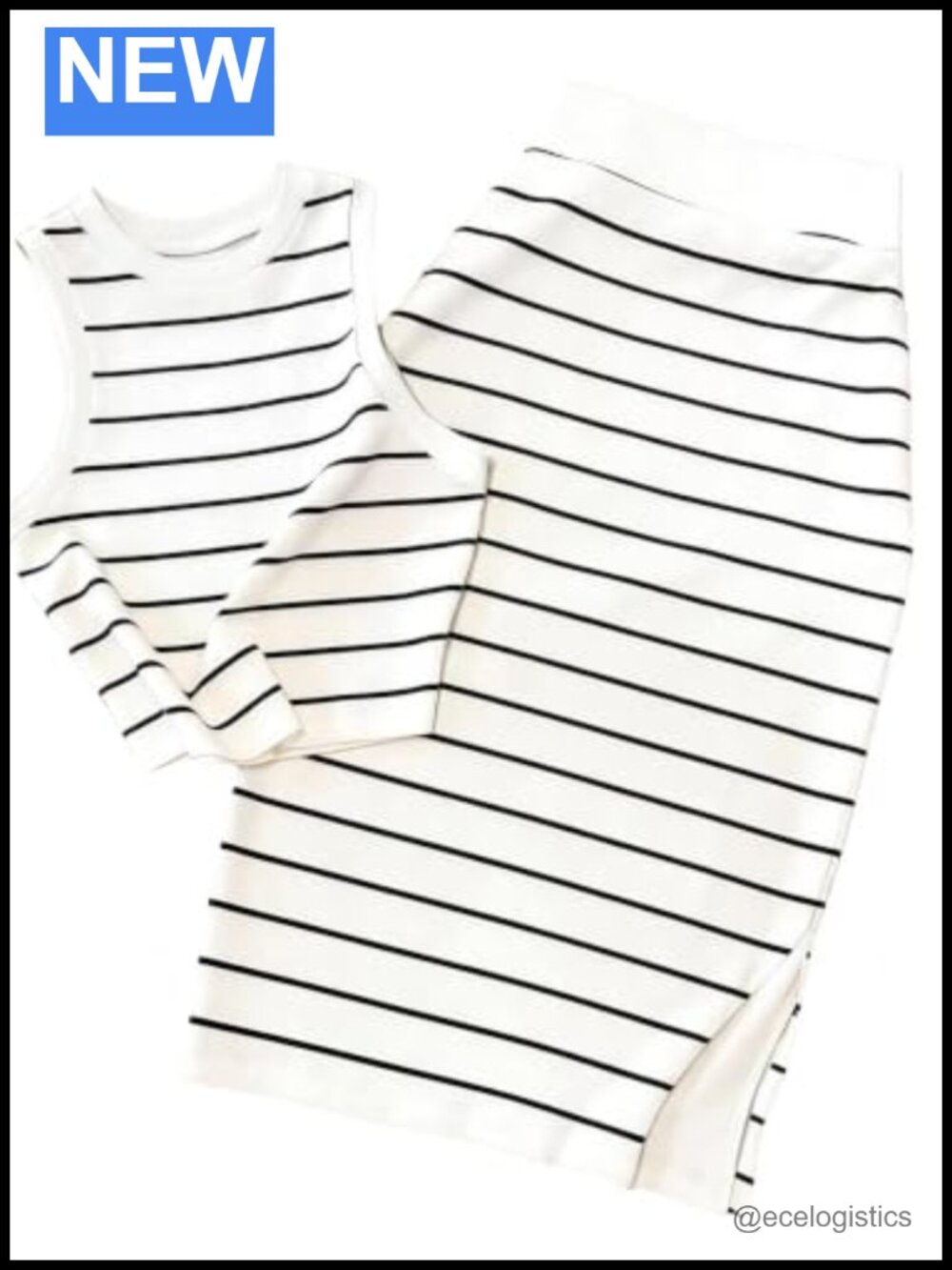 2 Piece Striped Set Sleeveless Crop Tank & Split Bodycon Midi Skirt Casual
